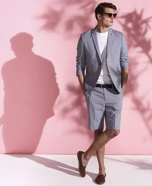 Ternos masculinos 2024 Homens de linho cinza personalizados de alta qualidade Terno de verão casual praia casamento para jaqueta calça curta slim fit 2 peças Tuxedo