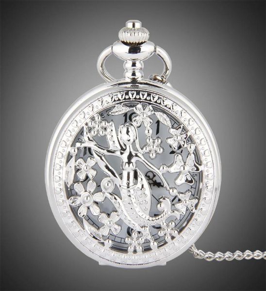 TFO Pocket Watch Silver Hollow Petals Surround Dancing Mermaid Design Ciondolo Ladies Fashion Gift Necklace5798394