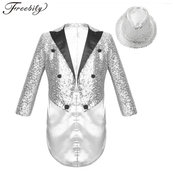 Set di abbigliamento per bambini ragazzi a manica lunga paillettes coat blazer con cappello jazz danza performance outfit carnival circus magic show costume da cosplay