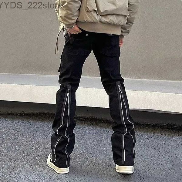 Jeans femininos 2023 Y2K Fashion Zipper Black Flange Jeans Mens Cargo Pants Roupas de Designer Solid Solid Casual Crelo Hombre YQ240423