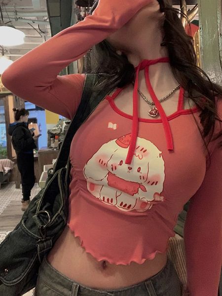 Cartoon Graphic Print T-shirt Mulheres da primavera de manga longa Cultura de bandagem top top Moda coreana doce fofo slim fit y2k streetwear