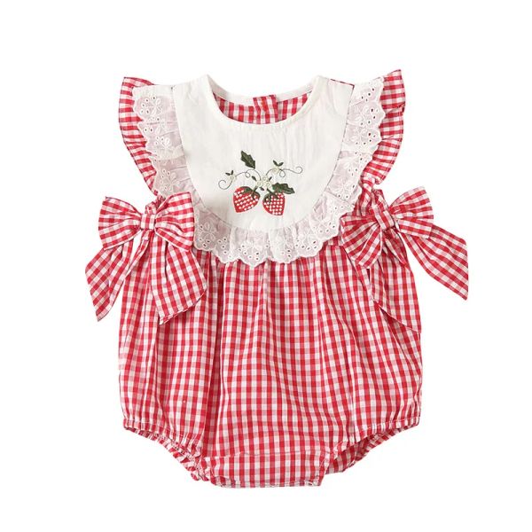 One-Pieces 2022 Sommerkindmädchen Strampler Babyplaid Rolms Cherry Sticksuit Overall Neugeborene 1. Geburtstag Taufe Boutique Kleidung Kleidung