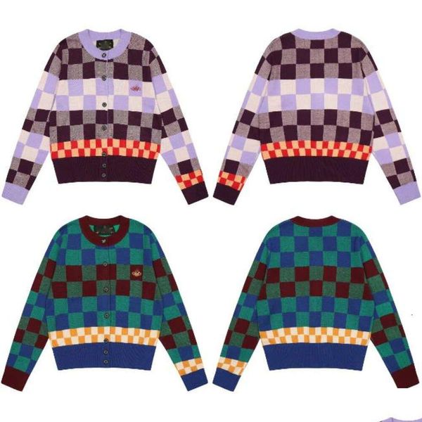 Mens Sweaters Kış Örgü Hırka Kadınlar Yün Sweater Vivi Tasarımcı Logosu İşlemeli yünlü kadın dama tahtası O-Neck örgü Ja DHR1V