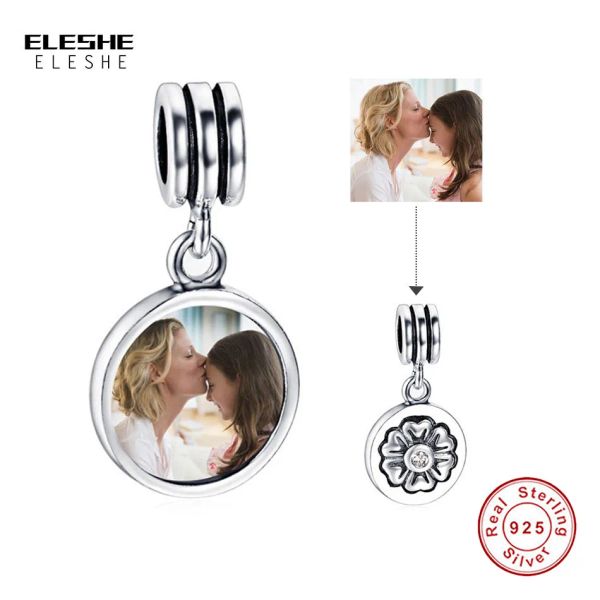 Strands Eleshe S925 Sterling Silver Vintage Floro personalizzato Photo Charm Round Fit Bracciale originale Bracciale Gioielli fai da te Regalo