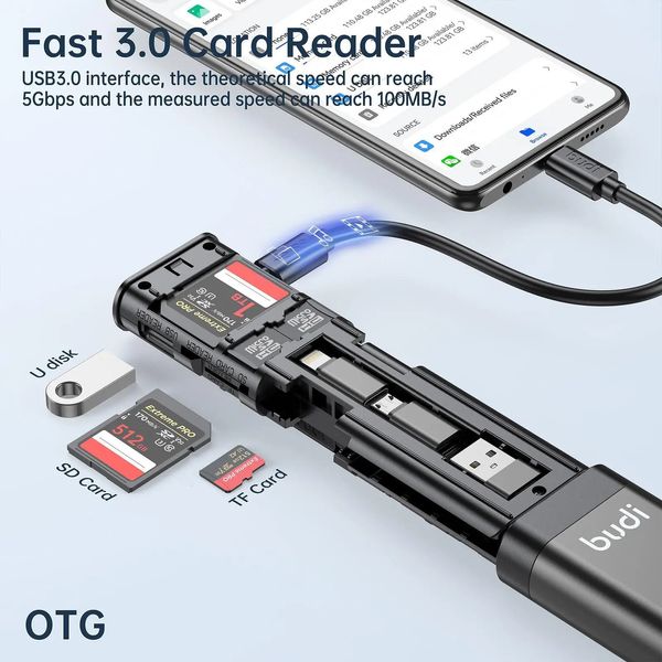 Budi Multifunct 9 em 1 SD Card Reader Cabo USB 3.0 Adaptador Tipo-C 5 Gbps Cartão de memória Transferência CARTRO DE LEITOR DE LATRA DE HIGH SPEDA Caixa de ferramentas 240419