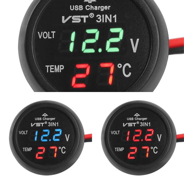 Novo novo 3 em 1 DC 12V/24V METRO CARREGEM USB VOLTMETER TERMOMETEMET BATERHO MONITOR DO LED DIPAR