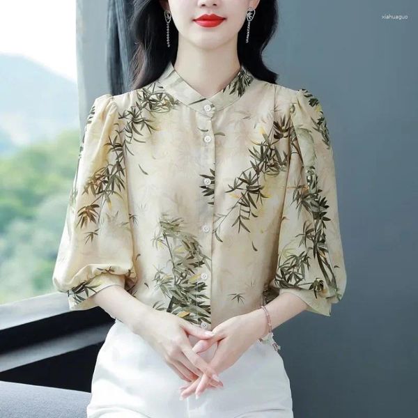 Blouses feminina Chiffon Chinese Chinese Shirt Summer Print Vintage LOW LOW MUNDAS MULHERES TOPS Roupas de moda Ycmyunyan