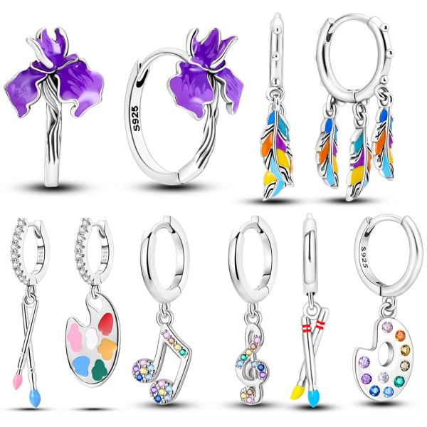 Ohrringe 925 Sterling Silber Blume Feder Hoop Ohrringe Ölmalerei Musikalmer Note Ohrringe Zirkon für Frauen Mädchen machen Schmuck Geschenk machen