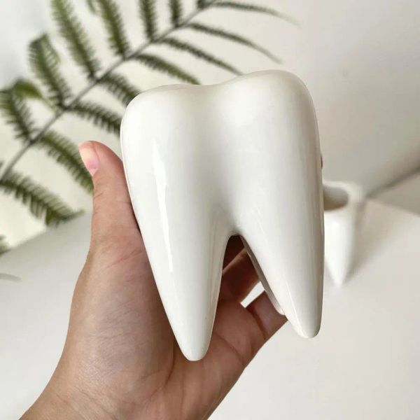 Cabeças 1pc em forma de dente de dentes de dentes comprimido de mesa de cerâmica portador de caneta de caneta de caneta de caneta