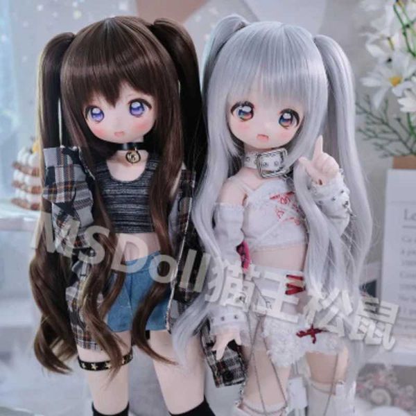 Puppen Neue Cartoon Anime Style Perücke für 1/3 1/4 1/6 BJD MDD Doll Quadratische Element Doppelschwanz lang Locken für Puppenzubehör T240422