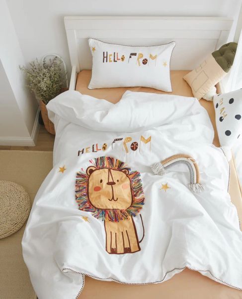 Pillow Cotton Kids 3D Lion Bettbezug mit Reißverschluss, Bettblatt, Kinderquiltabdeckung mit gestickten Löwen, Kissenscheinsets