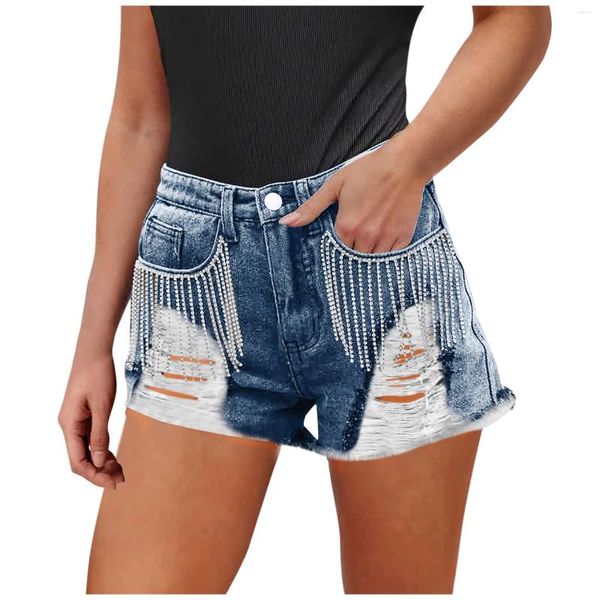 Frauen Jeans Frauen verzweifelte Denim Shorts Strass Rand Mid Jean ausgefranste Sommer Kurzzüchter mit weit beinigen Hose 2024