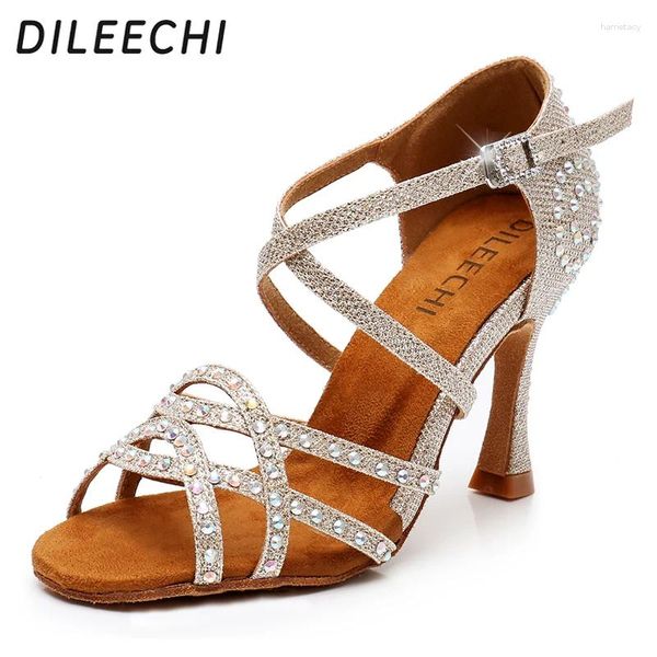 Scarpe da ballo dileechi donne latine rinestone salsa glitter sandali da ballo sandali feste danza tallone flare 9cm d'oro d'oro