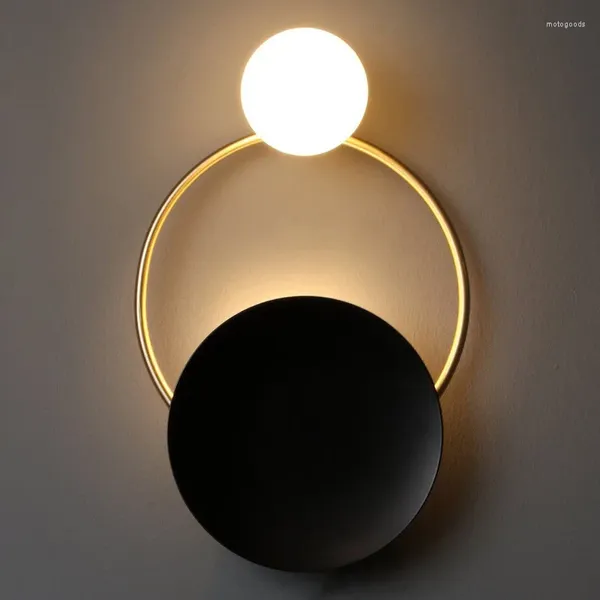 Wandlampe rund schwarze Eisen -Tafel Hintergrund witgoldener Ring Gefriertes Glaskugel Schatten G9 LED Tricolored Light für Gang