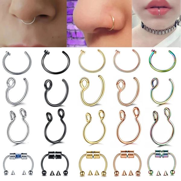 1pc de aço inoxidável de anel de nariz falso anéis de septo de arco c brinco de lábios de clipe para mulheres piercing jóias corporais não pierd 240407