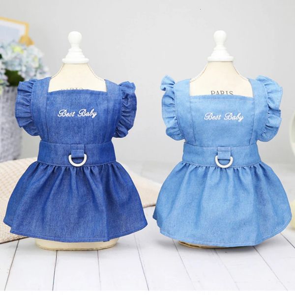 Cartas de jeans mole bordados saia de animais de estimação Princess vestido de mangas voadoras primavera no verão para pequenos cães de gatinho 240411