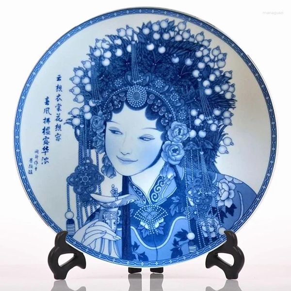 Estatuetas decorativas Jingdezhen Blue e White Ceramic Plate Drama de ópera de Pequim em casa chinesa