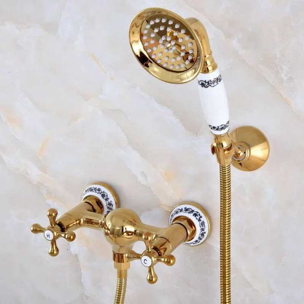 Badezimmer Duschsets Luxus poliertes Gold Messing Badezimmer Handheld Duschkopf Wasserhahn Set Mixer Wasserhahn Doppelkreuzgriff MNA971 T240422