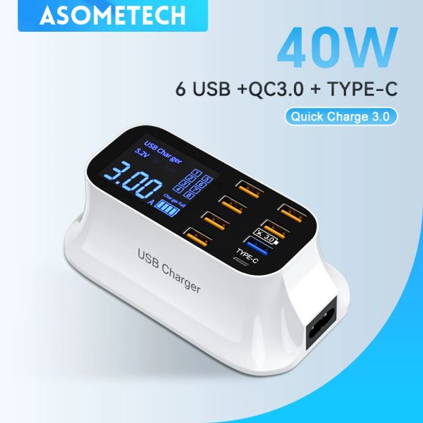 Ladegeräte 40W USB -Ladegerät 8 Ports LCD Display Typ C Ladegerät Schnellladung 3.0 Tragbares Ladegerät für iPhone 14 13 12 Pro Max Xiaomi Samsung