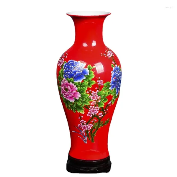 Vasos cerâmica chinesa vermelha rica rica vaso de flores de bambu Decoração de decoração de sala de estar decoração