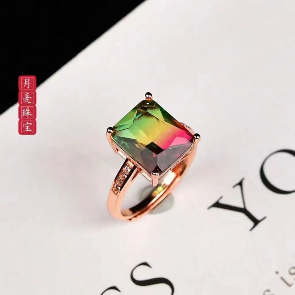 Anéis Brasil Brasil Rainbow Watermelon Tourmaline Ring Ajuste Crystal Colorido Gemstone Mulher elegante