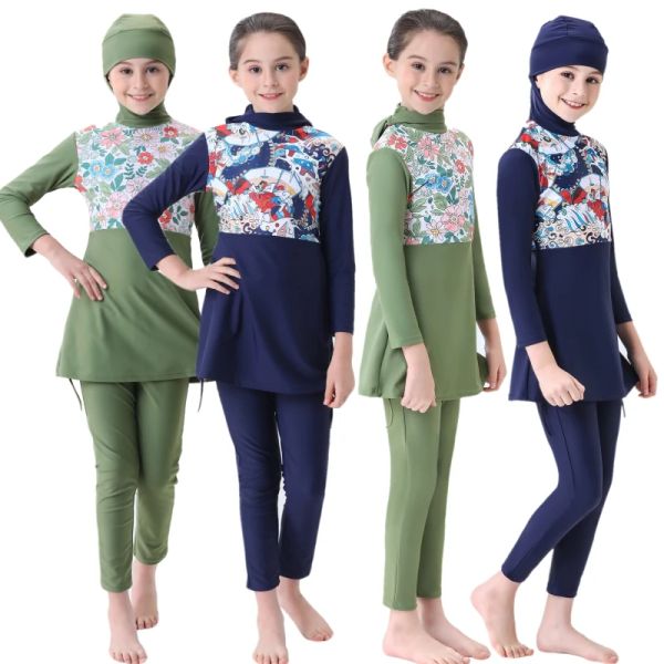 Одежда Дети Скромность Буркинис устанавливает мусульманские детские девочки для девочек с капюшоном капюшона купания купания костюмы детские пляжные костюмы.