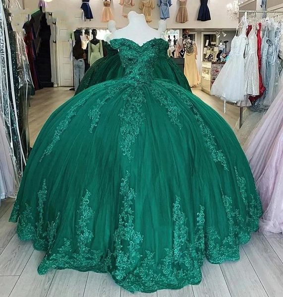 Exquisites grüne Quinceanera Kleid von der Schulter v Hals Applikationen Prom Kleider Perlen Pailletten Bug für 15 Mädchen Ballkleider ed15