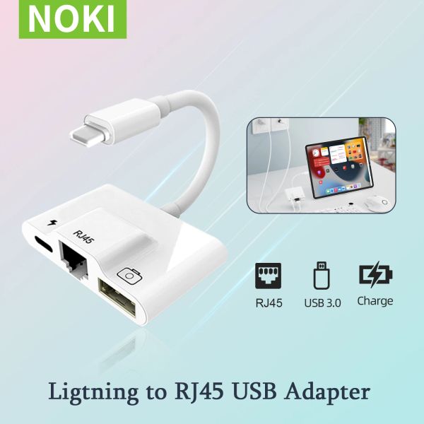 Hubs RJ45 Adaptador Ethernet OTG para iPhone/iPad LAN Wired Hub com adaptador de câmera USB 3 e porta de carregamento