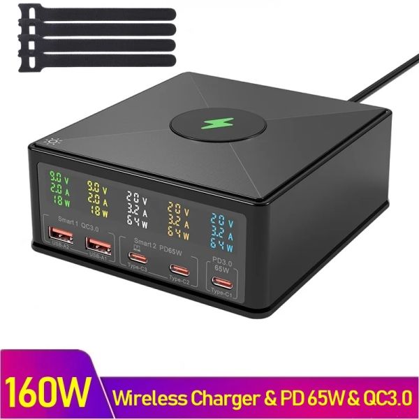 Ladegeräte 160W Universal Multi 15W Wireless Charger Station USB QC3.0 Typ C PD 65W schneller Ladewagen für iPhone Samsung Xiaomi