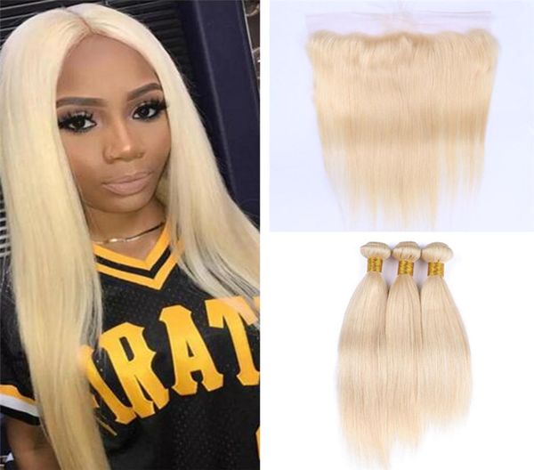 Brasilienblonde gerade Haarbündel mit Spitze Frontalverschluss farbig 613 Platinblondes menschliches Haar Webs mit 13x4 Full Lace2777178