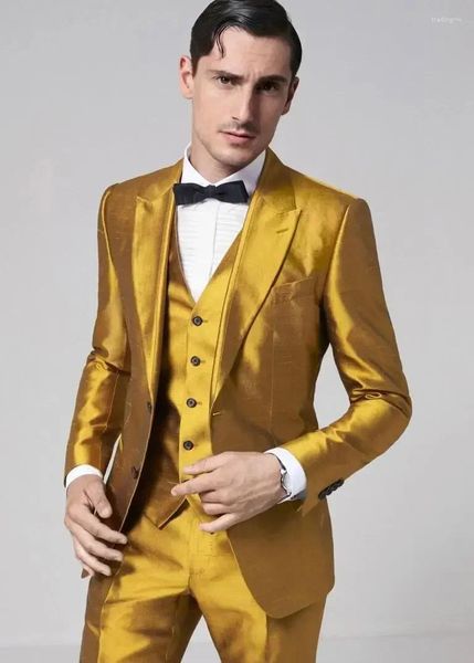 Ternos masculinos de cetim amarelo de ouro Terno Slim Fit Tuxedo 3 peças PROMEIRA PROM PROM BLAZER CONSA