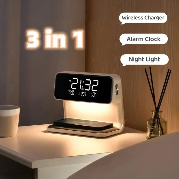 Ladegeräte Creative 3 in 1 Nachtlampe Wireless Ladung LCD -Bildschirm Wecker Wireless Telefonladegerät für iPhone