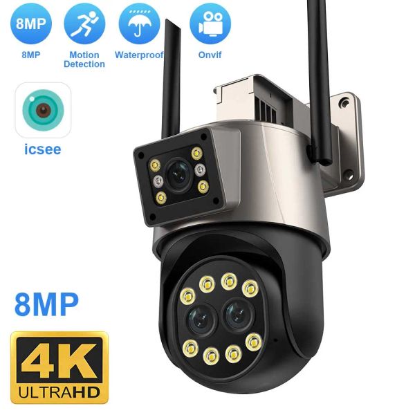 Kameras 8MP 4K IP -Kamera WiFi Outdoor -Kamera Drei Objektiv 8x Zoom AI Human Erkennen Sie automatische Tracking WiFi Überlastungskamera Onvif Support ICSEE