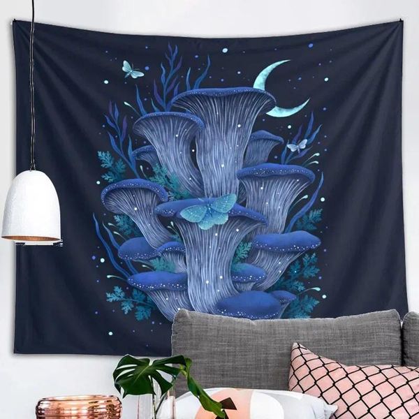 Taquestres Blue Oyster Tapestry Cogumelo Flores da Planta Lua Estética Tripppy Boho Bedroom Decor Decor Arte da parede