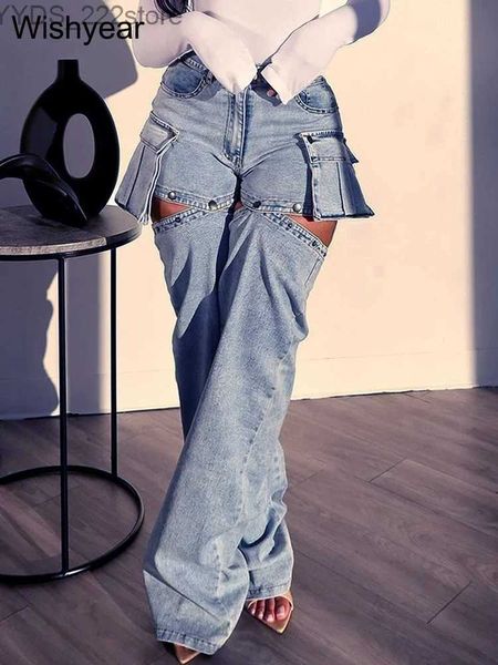 Frauen Jeans Damen Modedesigner Button Flug Hochtütige 3D -Taschenjeans Freiländische Drei -Personen -Reihe abtrennbare Shorts Jeans Frachthosen YQ240423