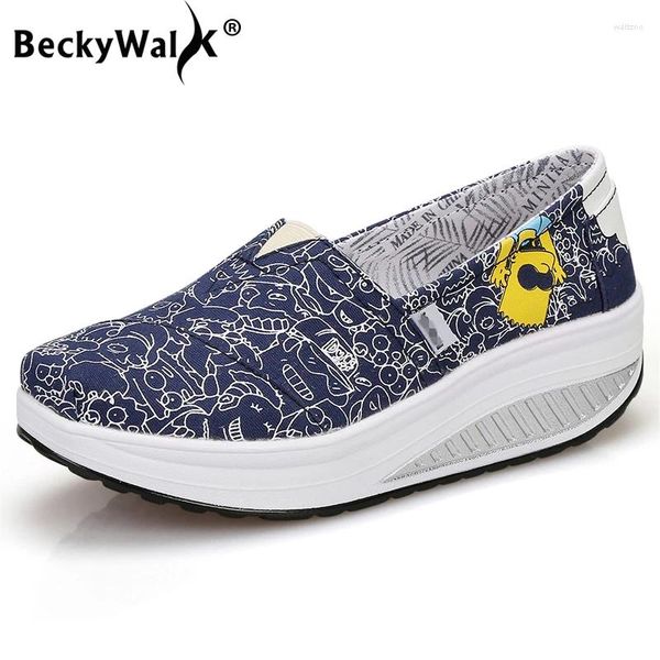 Lässige Schuhe Beckywalk Frauen Drucktuchlaafer Frühling Herbst Frauen Leinwand Plattform Sneakers auf Swing WSH2926