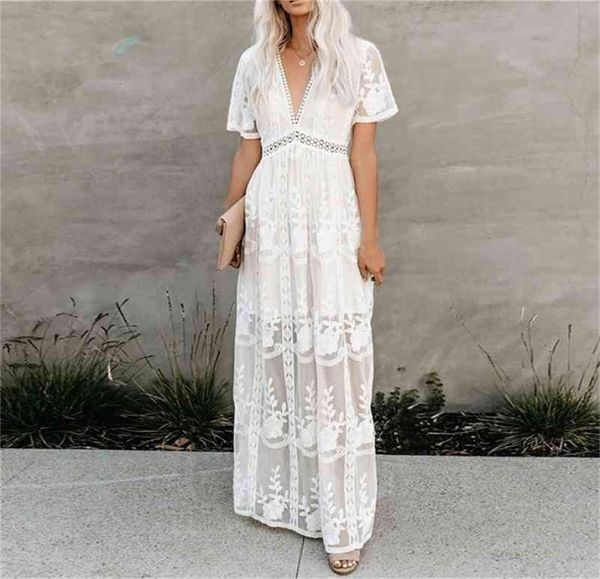 Jastie verão boho mulheres maxi vestido solto bordado branco renda longa vestido de praia de túnica férias férias femininas roupas 2103112653897