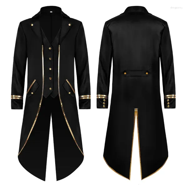 Trench maschile MEDIEVAL per uomini Giacca smoking Halloween Gothic Victorian Overboat Punk Punk Cosplay Retrò Dovetail Gold Timmed Timmed