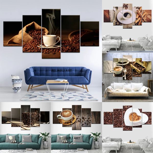 5 peças Café Macaron Canvas de parede Fotos da tarde pôsteres de chá e estampas para a sala de jantar de café decoração sem moldura