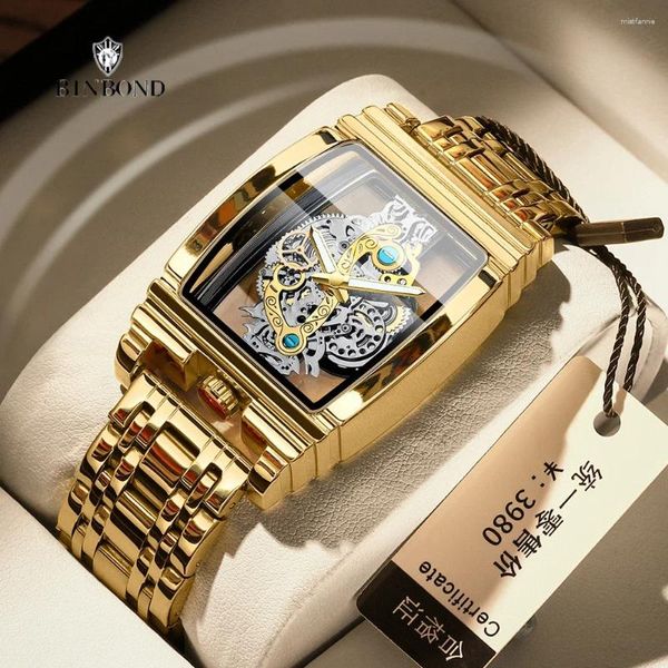 Нарученные часы Binbond Casual Vintage Skeleton Clock Men Luxury Watch Автоматические часы Mens Gold Fashion Quartz Relojes