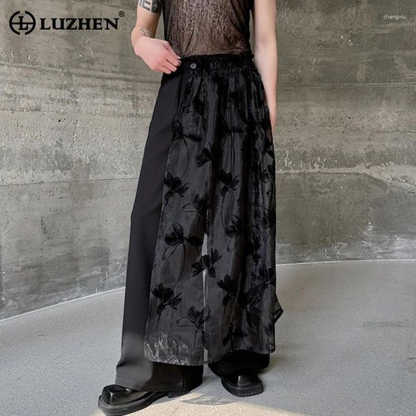 Мужские штаны Luzhen асимметричный кружевный лоскутный дизайн модный вид прямой 2024 Оригинальная модная High Street Men Blousers LZ2986