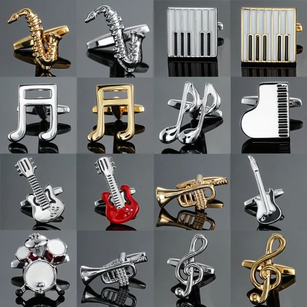 Links neue Marke hochwertige Manschetten Links Brass Musikinstrumente Sax Saxa Trompete Drum Piano Geigen Musik Symbol Französisch Shirt Manschettenknöpfe