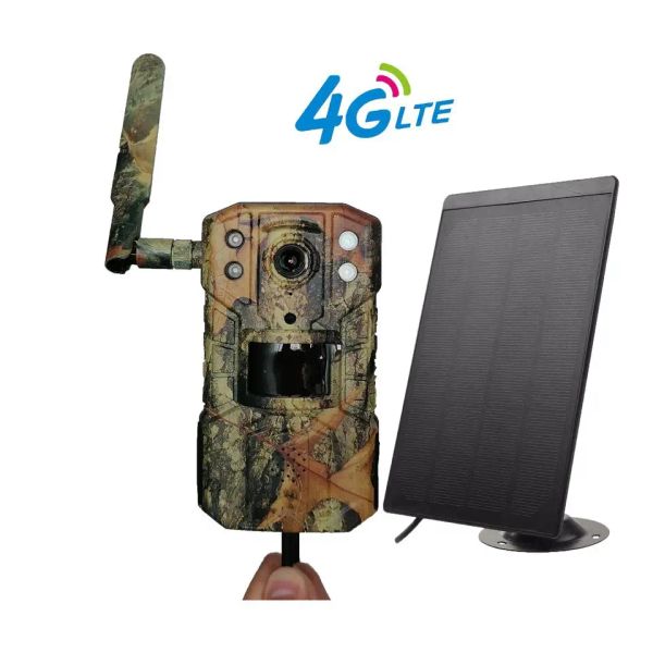 Câmera de trilha celular movida a energia solar de câmeras, armadilhas com cartão SIM, transmissão ao vivo, sem brilho, IR, aplicativo 4G, câmera de caça