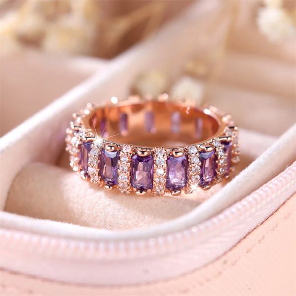Bande di lussuosa femmina viola zircone anello di pietra di pietra alla moda anelli di fidanzamento del colore in oro rosa per donne regalo di gioielli da sposa carini