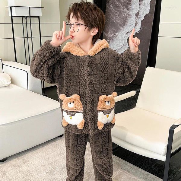 Frauen Nachtwäsche Winter warme Kinder Tier Cartoon Kinder Pyjama Set Coral Fleece Plüsch Jungen Hauskleidung Flanell Flanell