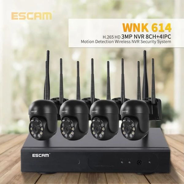 Escam WNK614 H.265 Kit de monitoramento de câmera de cúpula de 3MP sem fio 8 canais NVR 4 canais HD Câmera de luz dupla fonte de luz bidirecional Voz