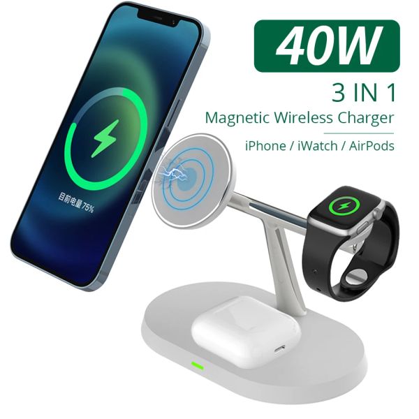 Chargers 40W 3in1 per caricatore wireless MagSafe, Apple Watch 7 6 5 4 3, AirPods Charging Station per iPhone 13, 12, Pro, Pro Max, Mini