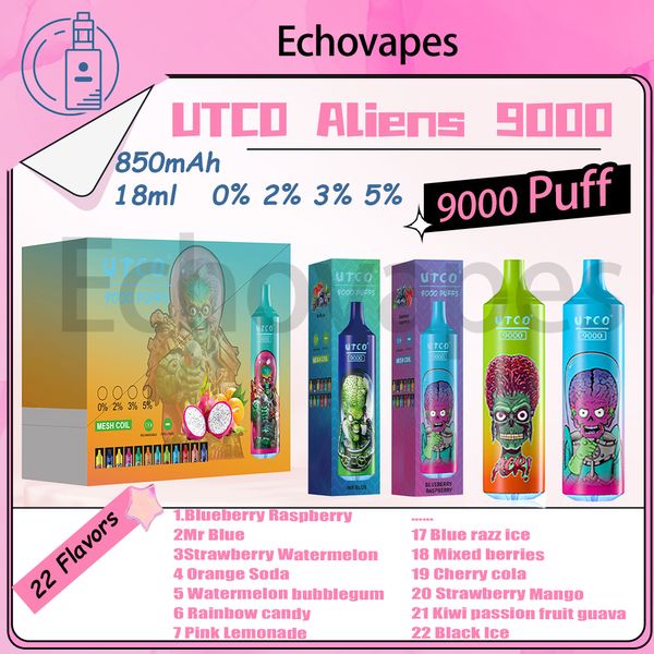 Autêntico UTCO Aliens 9000 Puffs Vape descartável 22 Sabores de 18 ml Dispositivo preenchido 850mAh tipo C Recarregável Bobina de malha de bateria 9K e cigarros