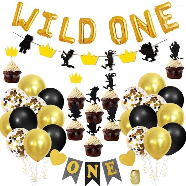 Parti Dekorasyonu Joymemo Vahşi Bir 1. Doğum Günü Dekorasyonları Folyo Balonlu Erkekler İçin Yüksek Sandalye Banner ve Cupcake Toppers