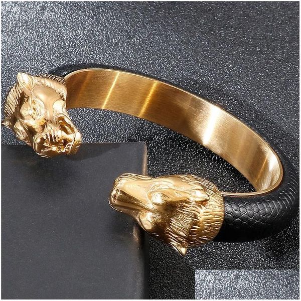 Manupo 14k de pulseira de leão de leão de ouro amarelo para homens elásticos bracelets de couro ajustável meninos acessórios de joalheria entrega de jóias dhud5